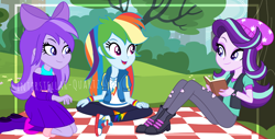 Size: 3840x1946 | Tagged: safe, artist:interstellar-quartz, imported from derpibooru, rainbow dash, starlight glimmer, oc, oc:picnic starlight, equestria girls, base used, beanie, clothes, female, hat, high res, open mouth, open smile, picnic blanket, shoes, sitting, smiling, torn clothes, trio, trio female