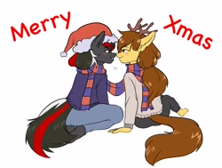 Size: 3076x2330 | Tagged: safe, artist:rensakai, imported from derpibooru, oc, oc:scarlet spray, oc:soaring heart, anthro, earth pony, pegasus, christmas, clothes, high res, holiday, scarf, sweater