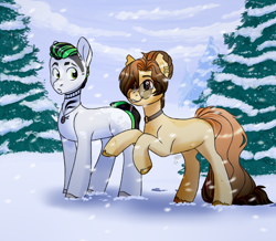 Size: 1840x1608 | Tagged: safe, artist:flazeflower, imported from derpibooru, oc, earth pony, pony, choker, duo, earth pony oc, full body, glasses, jewelry, necklace, snow, snowfall, tree, winter