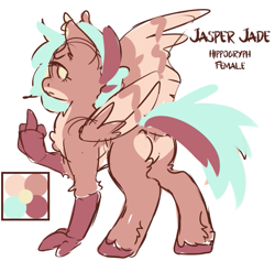 Size: 675x641 | Tagged: safe, artist:ruef, imported from derpibooru, oc, oc:jasper jade, hippogriff, hybrid, female, looking at you, mare, middle finger, reference sheet, simple background, sketch, solo, vulgar, wings