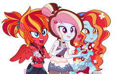 Size: 1200x738 | Tagged: safe, artist:khimi-chan, imported from derpibooru, oc, oc only, oc:fable, oc:fire strike, oc:neigh-apolitan, equestria girls, base used, blushing, clothes, equestria girls-ified, female, lipstick, ponied up, simple background, skirt, smiling, transparent background, wings