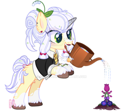 Size: 900x825 | Tagged: safe, artist:khimi-chan, imported from derpibooru, oc, oc only, pony, unicorn, clothes, deviantart watermark, ear piercing, flower, horn, obtrusive watermark, open mouth, piercing, simple background, solo, transparent background, unicorn oc, unshorn fetlocks, watering can, watermark