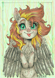 Size: 1789x2539 | Tagged: safe, artist:porcelanowyokular, imported from derpibooru, oc, oc only, oc:golden rain, pegasus, pony, :p, bust, eyelashes, female, pegasus oc, tongue out