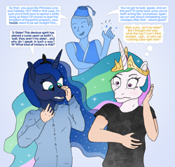 Size: 1892x1807 | Tagged: safe, artist:axiomtf, imported from derpibooru, princess celestia, princess luna, oc, oc:axiom, alicorn, genie, human, pony, brainwashing, clothes, crown, dialogue, human oc, human to pony, implied cakelestia, jewelry, long hair, male to female, mental shift, mind control, regalia, royal sisters, rule 63, shirt, siblings, sisters, t-shirt, transformation, wish