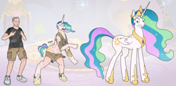 Size: 3447x1677 | Tagged: safe, artist:axiomtf, artist:prurientpie, imported from derpibooru, princess celestia, oc, oc:axiom, alicorn, human, pony, clothes, crown, human oc, human to pony, jewelry, loose fitting clothes, male to female, oversized clothes, regalia, royalty, rule 63, sequence, shirt, shocked, shocked expression, shoes, shorts, solo, t-shirt, torn clothes, transformation, transformation sequence, transforming clothes, transgender transformation