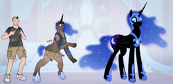 Size: 3447x1677 | Tagged: safe, artist:axiomtf, artist:prurientpie, imported from derpibooru, nightmare moon, oc, oc:axiom, alicorn, human, pony, clothes, helmet, horn, human oc, jewelry, long hair, loose fitting clothes, male to female, moon, oversized clothes, regalia, rule 63, sequence, shirt, shoes, shorts, solo, t-shirt, torn clothes, transformation, transformation sequence, transforming clothes, transgender, wings