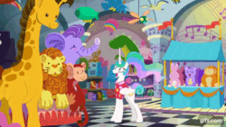 Size: 640x360 | Tagged: safe, imported from derpibooru, screencap, princess celestia, alicorn, pony, between dark and dawn, season 9, animated, clothes, cute, cutelestia, excited, eyes closed, female, gif, gifs.com, grin, happy, magic, mare, open mouth, open smile, plushie, ponytail, shirt, smiling, solo, telekinesis