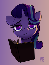 Size: 900x1200 | Tagged: safe, artist:naen, imported from derpibooru, starlight glimmer, pony, unicorn, book, bust, female, gradient background, lidded eyes, looking at you, mare, portrait, smiling, solo, starry eyes, wingding eyes