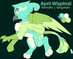 Size: 2341x1889 | Tagged: safe, artist:beardie, imported from derpibooru, oc, oc only, oc:april wisptrail, griffon, female, green background, griffon oc, high res, looking at you, reference sheet, simple background, smiling, smiling at you, solo