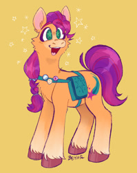 Size: 726x912 | Tagged: safe, artist:beyhr, imported from derpibooru, sunny starscout, earth pony, pony, badge, bag, eyebrows, eyebrows visible through hair, female, g5, mare, my little pony: a new generation, open mouth, open smile, signature, simple background, smiling, solo, starry eyes, stars, wingding eyes, yellow background