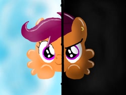 Size: 512x386 | Tagged: safe, artist:ellevb, imported from derpibooru, scootaloo, pegasus, pony, 2013, angry, ear piercing, earring, evil, evil scootaloo, eviloo, female, filly, foal, jewelry, piercing, smiling, solo, speedpaint, two sides, wings