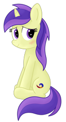 Size: 2068x3792 | Tagged: safe, artist:rainbowšpekgs, imported from derpibooru, oc, oc only, oc:aurora nebula, pony, unicorn, derpibooru community collaboration, 2022 community collab, blushing, high res, shy, simple background, sitting, smiling, solo, transparent background