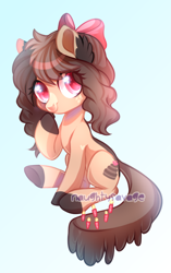 Size: 500x795 | Tagged: safe, artist:cabbage-arts, imported from derpibooru, oc, oc only, oc:choco cake, earth pony, pony, bow, commission, commissioner:chococakebabe, earth pony oc, female, gradient background, hair bow, solo