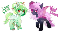 Size: 1000x529 | Tagged: safe, artist:cabbage-arts, imported from derpibooru, oc, oc only, oc:lime lace, oc:violet dream, bat pony, pony, unicorn, bat pony oc, duo, female, freckles, horn, simple background, transparent background, unicorn oc