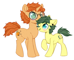 Size: 800x655 | Tagged: safe, artist:cabbage-arts, imported from derpibooru, oc, oc only, earth pony, pony, unicorn, blushing, commission, commissioner:ponygreens, duo, earth pony oc, freckles, glasses, horn, male, one eye closed, simple background, size difference, transparent background, unicorn oc