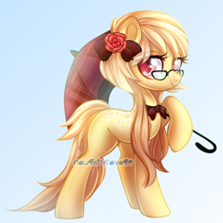 Size: 600x599 | Tagged: safe, artist:cabbage-arts, imported from derpibooru, oc, oc only, oc:creamy dream, earth pony, pony, bow, bowtie, commission, commissioner:khaosarts, earth pony oc, female, flower, flower in hair, glasses, gradient background, hair bow, solo, umbrella