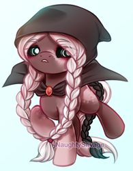 Size: 500x642 | Tagged: safe, artist:cabbage-arts, imported from derpibooru, oc, oc only, oc:whisper, earth pony, pony, black sclera, blue background, braided pigtails, clothes, commission, commissioner:kittyyprime, earth pony oc, female, simple background, solo