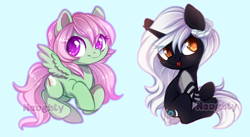 Size: 900x493 | Tagged: safe, artist:cabbage-arts, imported from derpibooru, oc, oc only, oc:ken lunerbubble, oc:spectral wind, pegasus, pony, unicorn, blue background, commission, duo, female, horn, pegasus oc, simple background, unicorn oc, watermark