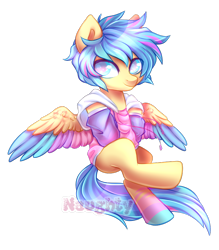 Size: 700x800 | Tagged: safe, artist:cabbage-arts, imported from derpibooru, oc, oc only, oc:blue, pegasus, pony, clothes, colored wings, commission, commissioner:l-ostboy, male, multicolored wings, pegasus oc, simple background, solo, spread wings, transparent background, wings