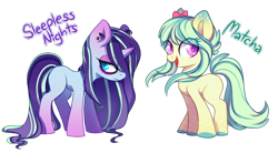 Size: 800x440 | Tagged: safe, artist:cabbage-arts, imported from derpibooru, oc, oc only, oc:matcha, oc:sleepless nights, earth pony, pony, unicorn, adoptable, duo, earth pony oc, female, horn, simple background, transparent background, unicorn oc