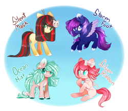 Size: 1024x885 | Tagged: safe, artist:cabbage-arts, imported from derpibooru, oc, oc only, oc:ocean mist, oc:silent mask, oc:silver ribbon, oc:storm foot, earth pony, pegasus, pony, bow, earth pony oc, gradient background, hair bow, partial background, pegasus oc, transparent background