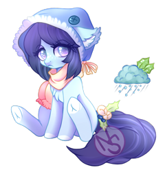 Size: 700x728 | Tagged: safe, artist:cabbage-arts, imported from derpibooru, oc, oc only, oc:winter blues, earth pony, pony, chest fluff, clothes, ear fluff, earth pony oc, eye clipping through hair, female, frown, mare, palindrome get, sad, scarf, simple background, sitting, solo, transparent background, underhoof