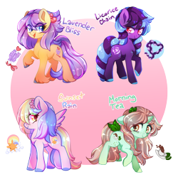 Size: 900x896 | Tagged: safe, artist:cabbage-arts, imported from derpibooru, oc, oc only, oc:lavender bliss, oc:licorice chain, oc:morning tea, oc:sunset rain, earth pony, pegasus, pony, unicorn, earth pony oc, female, horn, partial background, pegasus oc, simple background, transparent background, unicorn oc