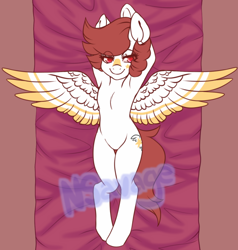 Size: 700x735 | Tagged: safe, artist:cabbage-arts, imported from derpibooru, oc, oc only, pegasus, semi-anthro, female, lying down, on back, pegasus oc, solo, spread wings, watermark, wings