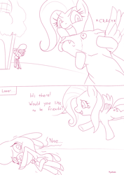 Size: 1376x1943 | Tagged: safe, artist:hyakuen, imported from derpibooru, part of a set, fluttershy, harry, bear, lamb, pegasus, pony, sheep, series:my medium ungulate, them's fightin' herds, anatomically incorrect, comic, community related, crossover, crying, fluttershy's cottage, incorrect leg anatomy, massage, misunderstanding, monochrome, part of a series, pom (tfh), scared, shaking, shocked, simple background, white background