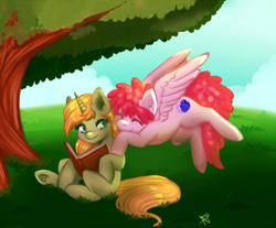 Size: 1000x828 | Tagged: safe, artist:cabbage-arts, imported from derpibooru, oc, oc only, pegasus, pony, unicorn, book, duo, eyes closed, female, grass, horn, hug, pegasus oc, tree, unicorn oc