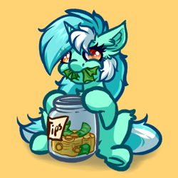 Size: 4000x4000 | Tagged: safe, artist:witchtaunter, imported from derpibooru, lyra heartstrings, pony, unicorn, chest fluff, derp, ear fluff, eating, faic, female, herbivore, horses doing horse things, jar, l.u.l.s., money, nom, simple background, sitting, solo, tip jar