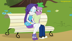 Size: 3642x2048 | Tagged: safe, artist:georgegarza01, imported from derpibooru, rarity, spike, equestria girls, bench, blushing, clothes, converse, eyes closed, female, geode of shielding, high res, human spike, lying down, lying on top of someone, magical geodes, male, rarity peplum dress, shipping, shirt, shoes, skirt, sleeping, sleeping on someone, sneakers, sparity, straight