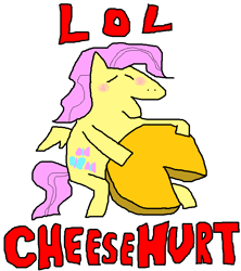 Size: 690x776 | Tagged: safe, artist:dogisaga, imported from derpibooru, fluttershy, pegasus, pony, 1000 hours in ms paint, blushing, cheese, eyes closed, female, food, holding, lol, simple background, solo, text, white background