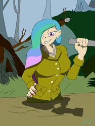 Size: 3024x4032 | Tagged: safe, artist:holdenwolfart, imported from derpibooru, princess celestia, human, female, flashlight (object), grin, hand on hip, humanized, jungle, looking at you, mud, smiling, solo, swamp