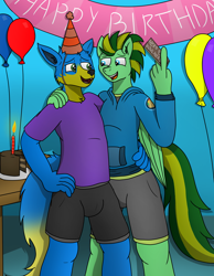 Size: 3200x4116 | Tagged: safe, artist:tacomytaco, imported from derpibooru, oc, oc only, oc:jayden, oc:taco.m.tacoson, anthro, pegasus, wolf, balloon, birthday, birthday cake, cake, candle, cheek fluff, clothes, duo, duo male, ear fluff, eyebrows, fangs, folded wings, food, furry, furry oc, hand on hip, hat, hoodie, hug, lidded eyes, male, open mouth, open smile, party hat, shirt, shorts, smiling, t-shirt, wings