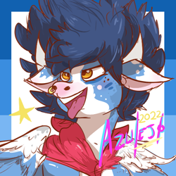Size: 512x512 | Tagged: safe, artist:azulejo, imported from derpibooru, oc, oc only, oc:azulejo, bull, pegasus, 2022, bandana, bovine, horn, long hair, male, nose piercing, piercing, profile picture, tongue out, wings