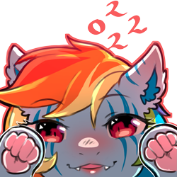 Size: 1159x1159 | Tagged: safe, artist:cold-blooded-twilight, imported from derpibooru, rainbow dash, big cat, hybrid, pegasus, pony, tiger, 2022, blushing, cute, cute little fangs, ear fluff, fangs, looking at you, open mouth, open smile, paw pads, paws, rainbow cat, simple background, smiling, solo, species swap, stripes, tiger pony, transparent background, underhoof, underpaw, year of the tiger