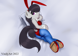 Size: 994x714 | Tagged: safe, artist:vinilyart, imported from derpibooru, octavia melody, earth pony, semi-anthro, bunny ears, bunny suit, butt, clothes, cuffs (clothes), dock, female, lying down, playboy bunny, plot, solo, tail, treblebutt