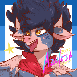 Size: 512x512 | Tagged: safe, alternate version, artist:azulejo, imported from derpibooru, oc, oc only, oc:azulejo, bull, pegasus, 2022, bandana, bovine, horn, long hair, male, nose piercing, piercing, profile picture, tongue out, wings