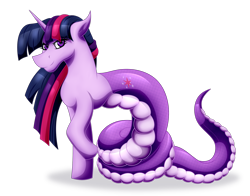 Size: 1842x1442 | Tagged: safe, artist:laszlvfx, artist:thebenalpha, imported from derpibooru, twilight sparkle, lamia, unicorn, coils, collaboration, digital art, lamiafied, looking at you, raised hoof, simple background, smiling, solo, species swap, transparent background, twilamia