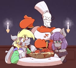 Size: 1120x994 | Tagged: safe, artist:burgivore, imported from derpibooru, derpy hooves, maud pie, earth pony, pegasus, pony, candle, chef's hat, crossover, date, derpmaud, dinner, female, food, goth maud, hat, lesbian, lesbian in front of boys, male, mare, papyrus (undertale), pasta, shipping, siivagunner, spaghetti, tongue out, undertale, vylet pony