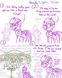 Size: 4779x6013 | Tagged: safe, artist:adorkabletwilightandfriends, imported from derpibooru, spike, twilight sparkle, alicorn, dragon, pony, comic:adorkable twilight and friends, adorkable, adorkable twilight, back, back of head, caught, comic, conversation, cute, dork, exercise, female, happy new year, hill, holiday, houses, male, mare, neighborhood, nervous, new year, ponyville, sidewalk, sign, silly, slice of life, sweat, sweating profusely, tree, twilight sparkle (alicorn), walking