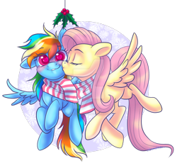 Size: 1280x1215 | Tagged: safe, artist:wicked-red-art, imported from derpibooru, fluttershy, rainbow dash, pegasus, pony, blushing, cheek kiss, clothes, cute, dashabetes, deviantart watermark, duo, eye clipping through hair, eyes closed, female, flutterdash, flying, heart eyes, holly, holly mistaken for mistletoe, kissing, lesbian, mare, obtrusive watermark, one ear down, scarf, shared clothing, shared scarf, shipping, shyabetes, simple background, smiling, snow, snowflake, spread wings, transparent background, watermark, wingding eyes, wings