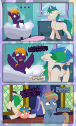 Size: 1920x3169 | Tagged: safe, artist:alexdti, imported from derpibooru, oc, oc only, oc:brainstorm (alexdti), oc:purple creativity, oc:star logic, pegasus, pony, unicorn, ..., bathing, bathtub, blue eyes, blushing, comic, derp, dialogue, ears back, embarrassed, embarrassed nude exposure, eye contact, eyebrows, eyes closed, face down ass up, female, floppy ears, folded wings, frown, green eyes, gritted teeth, head in hooves, high res, horn, looking at each other, looking at someone, looking away, male, mare, mirror, nudity, open mouth, pegasus oc, screaming, shadow, shrunken pupils, speech bubble, spread wings, stallion, standing, tail, twilight's castle, two toned mane, two toned tail, unicorn oc, unshorn fetlocks, wall of tags, we don't normally wear clothes, wings, yelling