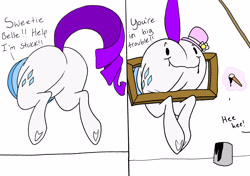 Size: 3680x2584 | Tagged: safe, artist:dynamo1940, imported from derpibooru, rarity, pony, unicorn, butt, buttstuck, featureless crotch, female, happy face, hat, high res, implied sweetie belle, mare, offscreen character, paint, paintbrush, plot, rearity, simple background, solo, stuck, white background, winnie the pooh