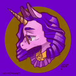 Size: 1894x1894 | Tagged: safe, artist:stellarbyte, imported from derpibooru, oc, pony, unicorn, avatar, bust, clothes, collar, curly hair, cute, eyebrows, glasses, horn, pink coat, pouting, profile, purple background, purple hair, simple background, solo, unicorn horn