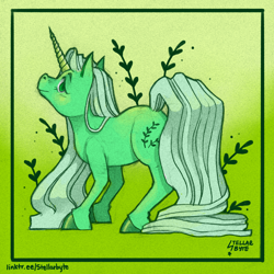 Size: 4359x4359 | Tagged: safe, artist:stellarbyte, imported from derpibooru, oc, pony, unicorn, border, cute, eyebrows, eyelashes, full body, green background, green coat, green eyes, hooves, horn, lidded eyes, long hair, plant, simple background, solo, unicorn horn