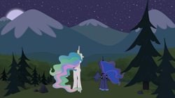 Size: 1920x1080 | Tagged: safe, artist:90sigma, artist:boneswolbach, imported from derpibooru, princess celestia, princess luna, alicorn, pony, butt, female, mare, mountain, mountain range, night, pine tree, plot, scenery, tree