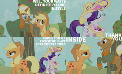 Size: 1182x720 | Tagged: safe, edit, edited edit, edited screencap, editor:quoterific, imported from derpibooru, screencap, applejack, rarity, trenderhoof, earth pony, pony, unicorn, season 4, simple ways, apple, applejack's hat, cowboy hat, eyes closed, female, food, hat, innuendo, male, mare, open mouth, stallion, tree