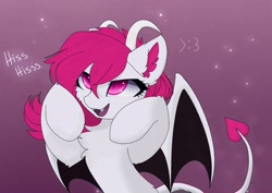 Size: 2288x1621 | Tagged: artist needed, safe, artist:magnaluna, edit, imported from derpibooru, :3, fangs, female, hissing, horns, mare, pink mane, pink tail, simple background, succupony, tail